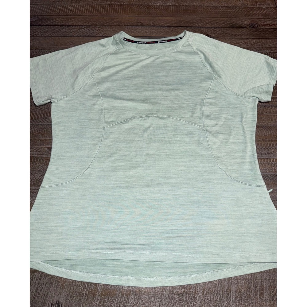 Spyder Active T-Shirt Womens XL Sage Green Short Sleeve Zip Pocket Preloved - Picture 2 of 10